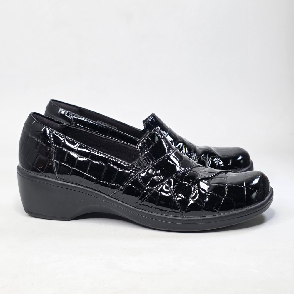 Clarks Collection Loafers Womens 9 Black Patent Croc Embossed Wedge Slip On Shoe